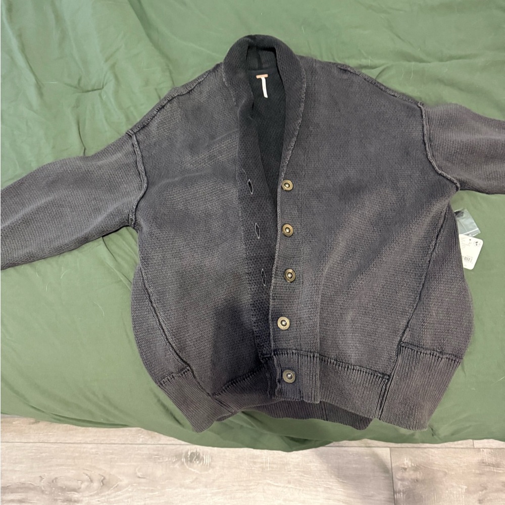 Free People Gray Button-Up Sweater Jacket